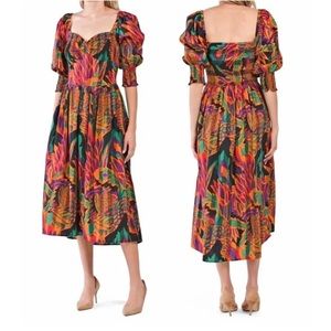 HOUSE OF HARLOW 1960 Nicole Richie Meadow Pink Print Puff Sleeve Midi Dress, M